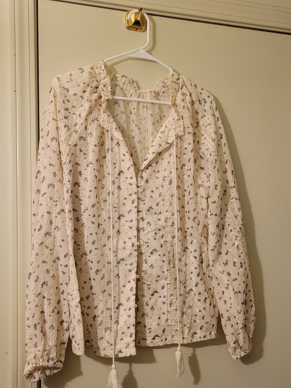 Charming Charlie Cream Floral Lace Peasant Blouse with Purple Print